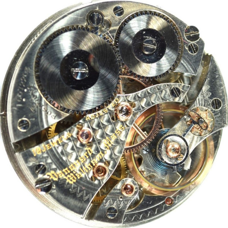 Waltham Vanguard pocket watch movement with damascened plates and gold jewel settings