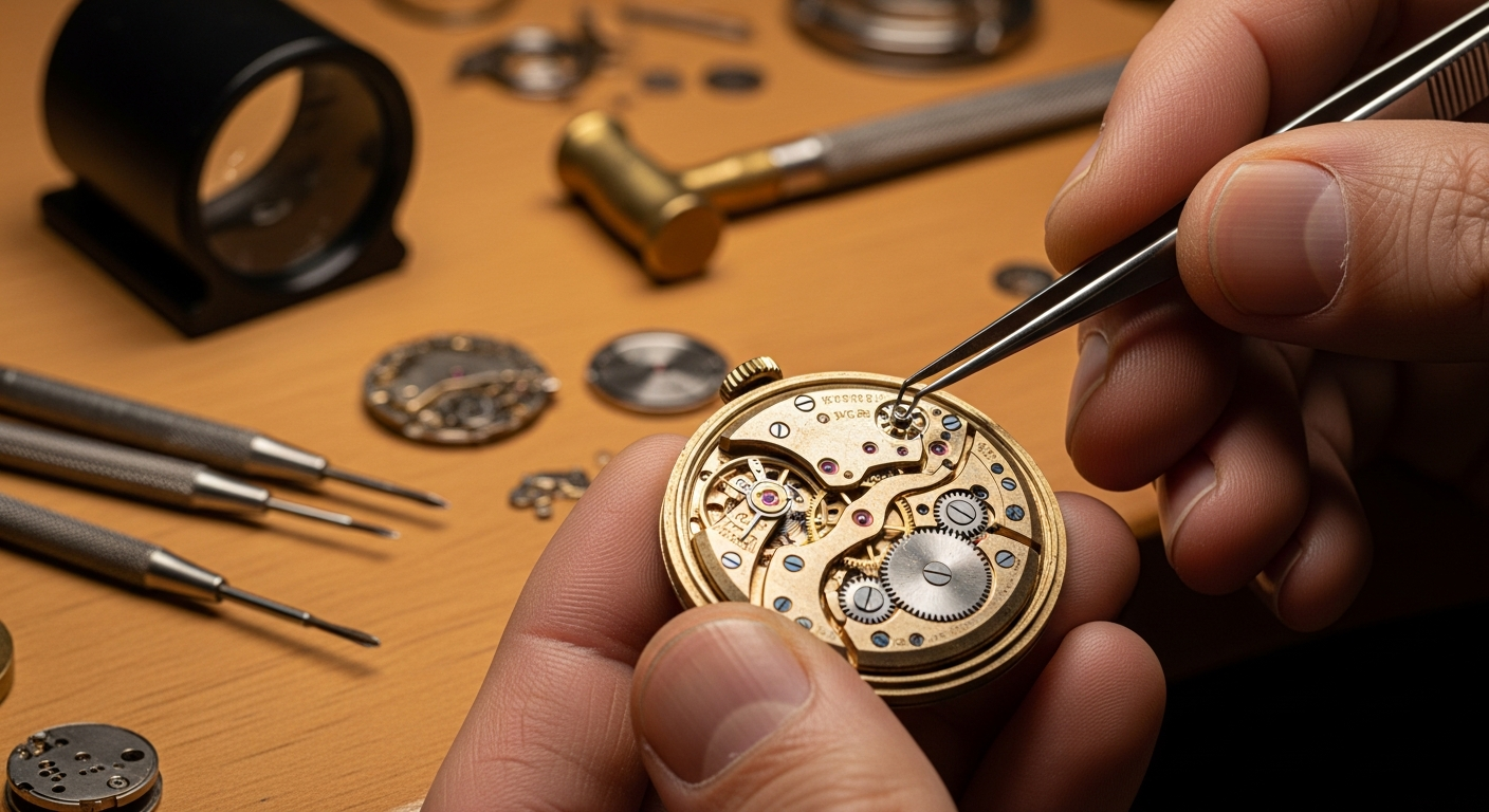 Watchmaker servicing a vintage movement
